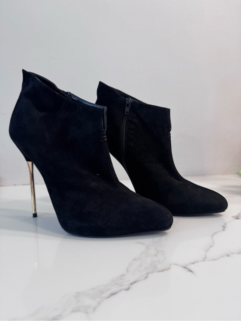 Stuart Weitzman Black Suede Ankle Booties with Gold Stiletto Heel
